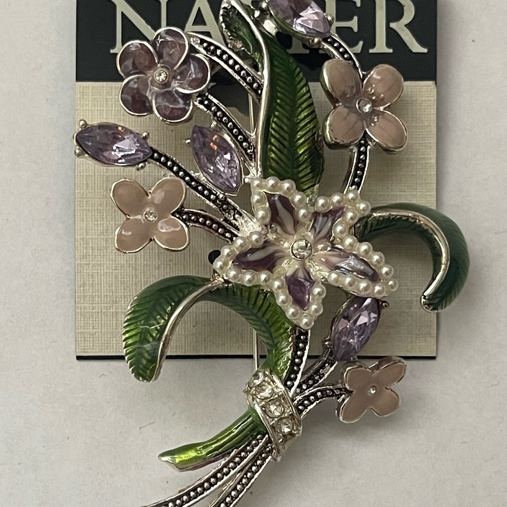 Napier Purple and Green Floral Bouquet Brooch with Pearls